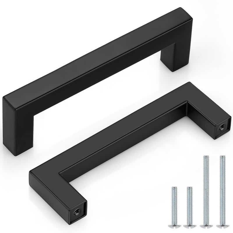 Probrico (5 Pack) Flat Black Square Cabinet Handles 4 inch(102mm) Hole Centers Drawer Pulls for Cupboard Dresser,Stainless Steel Kitchen Bathroom Hardware,Overall Length 4-1/2 inch(114 mm) - Image 1